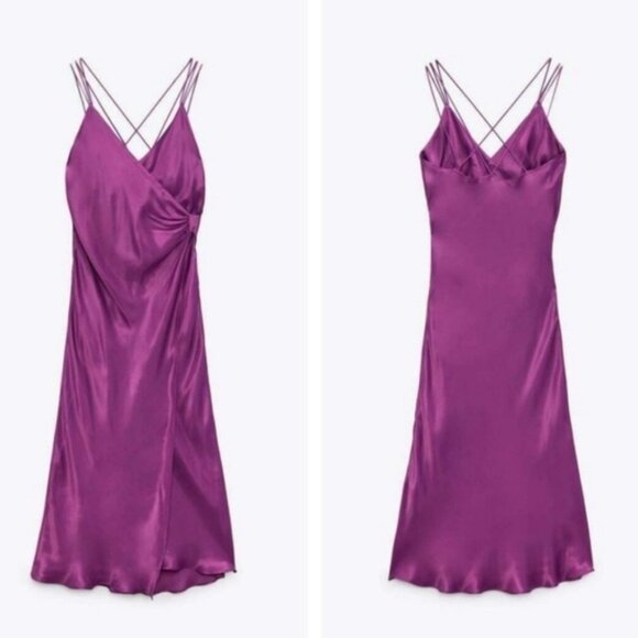 Zara purple Satin effect slip dress sweetheart spaghetti strap faux wrap Sz L - Picture 6 of 16